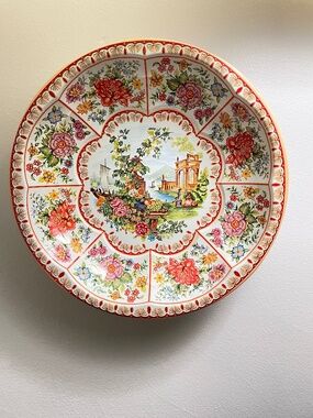 Vintage 1971 Daher Decorated Ware Tin Bowl - 10" Floral Harbor Scene